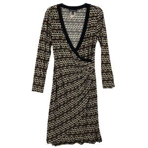 Frank Lyman Tan & Black Fixed Wrap Style Geometric Flattering Jersey Dress US 12